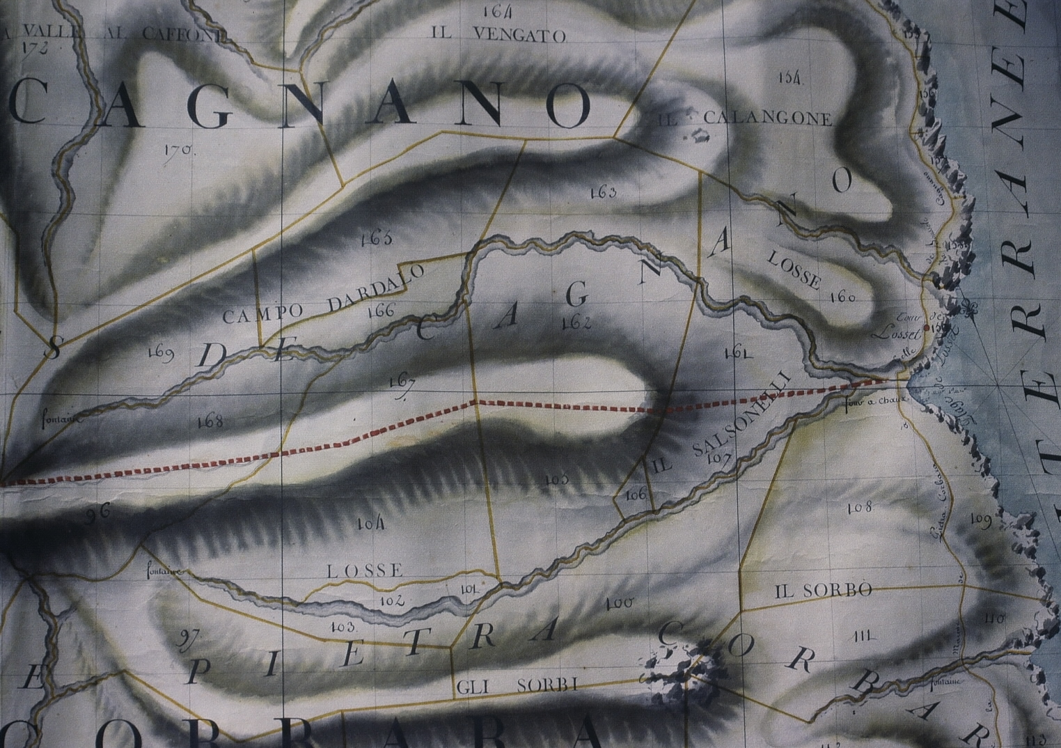 Carte peinte de la partie nord de Pietracorbara dans les rouleaux du Plan terrier